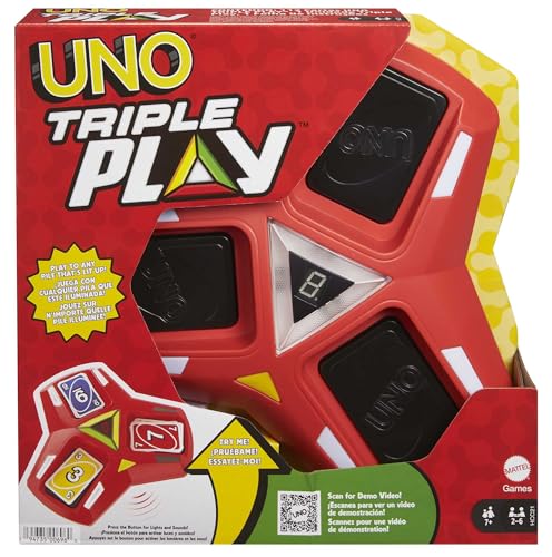 UNO Triple Play - Kartenspiel mit Licht- und Soundeffekten für dreifachen Spielspaß, inklusive Timer-Modus und LED-Anzeige, ab 7 Jahren, HCC21 von Mattel Games