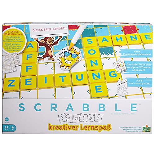 Mattel Games HCK86 - Scrabble Junior Kids Kreuzworträtsel-Spiel mit 2 Spielebenen, 6 Minispielen & Aufklebern für die individuelle Gestaltung, Brettspiel ab 6 Jahren von Mattel Games
