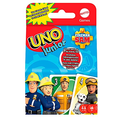Mattel Games HFC80 - UNO Junior Feuerwehrmann Sam Kartenspiel mit 56 Karten, für 2-4 Spieler, Spielzeug ab 3 Jahren von Mattel Games
