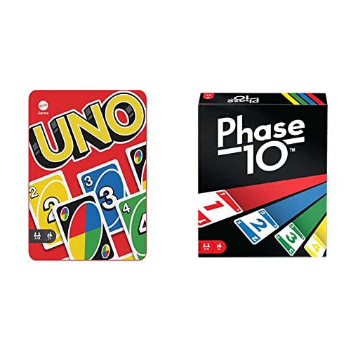 Mattel Games HGB63 - UNO-Kartenspiel mit 112 Karten in hochwertiger Metallbox, Exklusive Sammlerdose, Gesellschaftsspiel, ab 7 Jahren & FPW38 - Phase 10 Kartenspiel, ab 7 Jahren, deutsche Version von Mattel Games