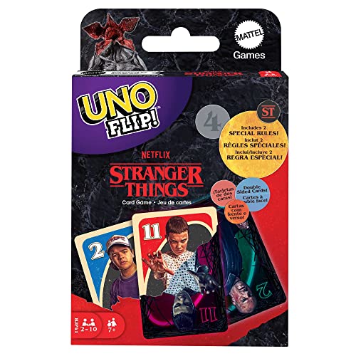 Mattel Games HJP41 - UNO FLIP! Stranger Things Edition, Kartenspiel mit beidseitig bedruckten Karten, Geschenk für Kinder-, Familien- und Erwachsenenspieleabende, 2 bis 10 Spieler ab 7 Jahren Mattel Games HJP41 - UNO FLIP! Stranger Things Edition, Kartenspiel mit beidseitig bedruckten Karten, Geschenk für Kinder-, Familien- und Erwachsenenspieleabende, 2 bis 10 Spieler ab 7 Jahren von Mattel Games