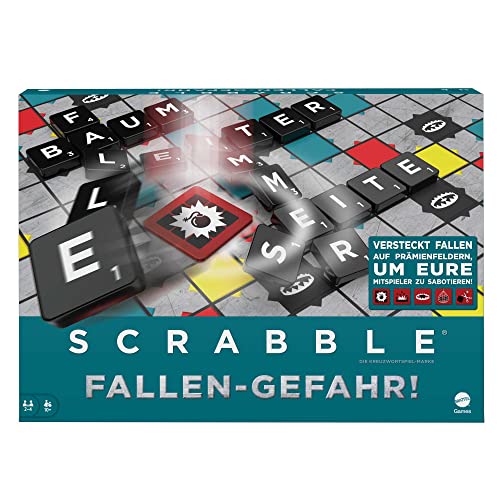 Mattel Games HLM17 - Scrabble Fallen-Gefahr (deutsche Version), Kreuzworträtsel-Brettspiel, Familien-Spiel für Erwachsene und Kinder ab 10 Jahren von Mattel Games