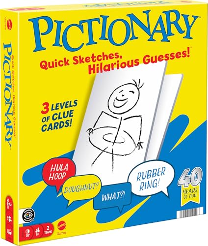 Mattel Games Pictionary JDX96 Familien-Brettspiel für Kinder, Erwachsene und Spieleabend für 2 Teams mit löschbaren Markern, Brettern und Sanduhr von Mattel Games