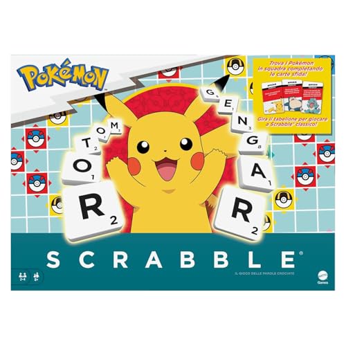 Mattel Games - Scrabble Pokémon, das Kreuzworträtsel-Brettspiel mit 50 Herausforderungen der Pokémon-Figuren, doppelseitiges Spielbrett mit zwei Spielmodi, italienische Version, 8+ Jahre, HXT30 Mattel Games - Scrabble Pokémon, das Kreuzworträtsel-Brettspiel mit 50 Herausforderungen der Pokémon-Figuren, doppelseitiges Spielbrett mit zwei Spielmodi, italienische Version, 8+ Jahre, HXT30 von Mattel Games