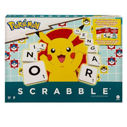 Mattel Games Scrabble Pokémon Brettspiel, Familien-Wortspiel mit zwei Spielmöglichkeiten, enthält 50 Herausforderungskarten mit Pokémon-Figuren für 2–4 Spieler, UK-Version, HXB94 Mattel Games Scrabble Pokémon Brettspiel, Familien-Wortspiel mit zwei Spielmöglichkeiten, enthält 50 Herausforderungskarten mit Pokémon-Figuren für 2–4 Spieler, UK-Version, HXB94 von Mattel Games