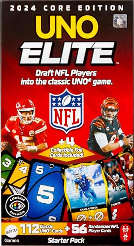 Mattel Games UNO Elite NFL Kartenspiel 2024 Offiziell lizenzierte Core Edition mit 4 Sammelfolienkarten mit Teamspielern von Mattel Games