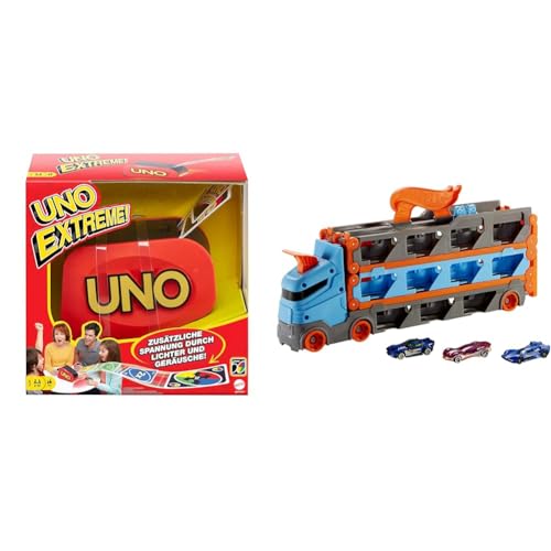 Mattel Games UNO Extreme!, UNO Kartenspiel für die Familie & Hot Wheels 2:1 Autorennbahn zu Transporter, inkl. 3 Spielzeugautos, mit Doppelstarter von Mattel Games
