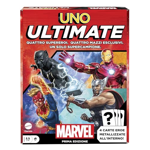 Mattel Games - UNO Ultimate Marvel - Das ikonische Spiel mit 4 laminierten Sammelkarten und Marvel Superhelden einschließlich Black Panther, Captain Marvel, Iron Man und Thor, Spielzeug für Kinder, 7+ Mattel Games - UNO Ultimate Marvel - Das ikonische Spiel mit 4 laminierten Sammelkarten und Marvel Superhelden einschließlich Black Panther, Captain Marvel, Iron Man und Thor, Spielzeug für Kinder, 7+ von Mattel Games