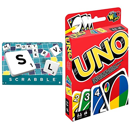 Mattel Games Y9598 - Scrabble Original Wörterspiel und Brettspiel geeignet für 2-4 Spieler, ab 10 Jahren & UNO Kartenspiel und Gesellschaftspiel, geeignet für 2-10 Spieler, ab 7 Jahren von Mattel Games