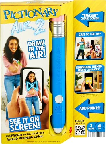 Mattel Games Pictionary Air 2 Zeichenspiel mit App, Familienspiel mit Lichtstift und Begriffskarten, zum Verbinden mit dem Smartphone oder Tablet, Scharade, für Spieler ab 8 Jahren, HNT74 von Mattel Games