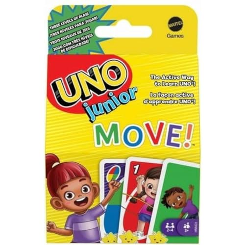 UNO Junior Move! - Aktive Variante des Kartenspiels, 3 Schwierigkeitsstufen für Einstieg jüngerer Spieler, Bewegungskarten, für Kinder ab 3 Jahren, HNN03 von Mattel Games