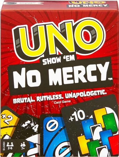 UNO Show 'em No Mercy - 56 zusätzliche Karten, Harte Aktionskarten und brutale Spielregeln für die gnadenloseste Version von UNO, Stapelregel und Handkartentausch, ab 7 Jahren, HWV18 von Mattel Games
