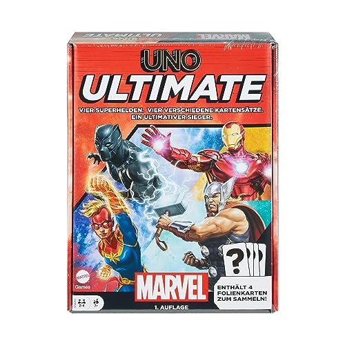 UNO Ultimate Marvel - Kartenspiel, Superhelden-Design, Captain Marvel, Iron Man, Black Panther, Thor, Spezialregeln, Gefahrenkarten, Sammelfolienkarten, ab 7 Jahren, HVM25 von Mattel Games