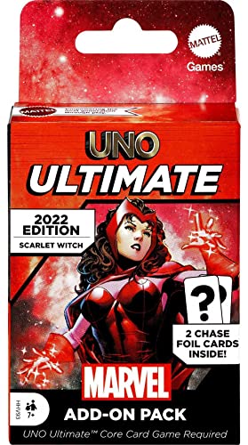 ​UNO Ultimate Marvel Kartenspiel Add-On Pack mit Scarlet Witch Character Deck & 2 Sammelfolienkarten, Geschenk für Sammler & Kinder ab 7 Jahren von Mattel Games