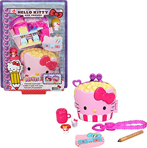Hello Kitty GVB32 - Popcorn-Pyjamaparty (12,5 cm) mit 2 Sanrio Minis Figuren, Notizblock und Schreibwarenzubehör, für Kinder ab 4 Jahren von Mattel Hello Kitty