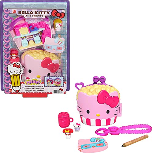 Hello Kitty GVB32 - Popcorn-Pyjamaparty (12,5 cm) mit 2 Sanrio Minis Figuren, Notizblock und Schreibwarenzubehör, für Kinder ab 4 Jahren von Mattel