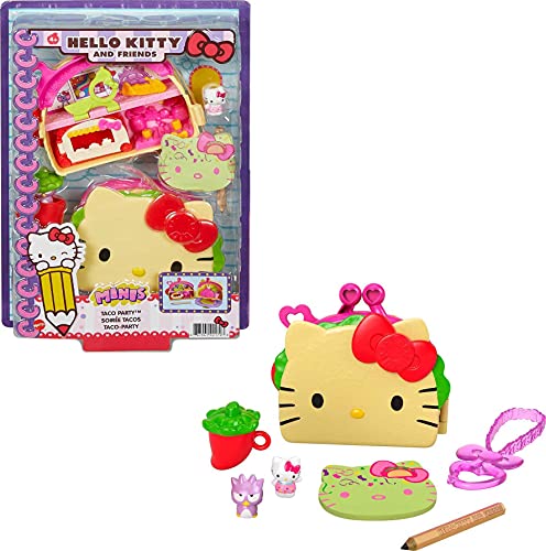 Hello Kitty GVB33 - Taco-Party-Schatulle (12,5 cm) mit 2 Sanrio Minis Figuren, Notizblock und Schreibwarenzubehör, für Kinder ab 4 Jahren von Mattel Hello Kitty