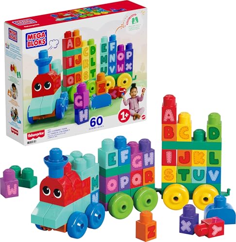 MEGA Bloks - ABC Lernzug mit 60 Bausteinen, abwechslungsreiches Alphabet-Abenteuer mit Bahnstation, einfacher Zusammenbau, für Kinder 1-5 Jahre, DXH35 von Mega Brands