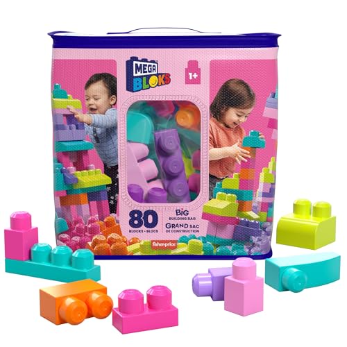 MEGA BLOKS Großer Bausteinebeutel - 80 robuste Bausteine mit wiederverwendbarem Aufbewahrungsbeutel, kompatibel mit Allen Mega Bloks Bauspielzeugen, für Kinder ab 1 Jahr, DCH62 von Mega Brands