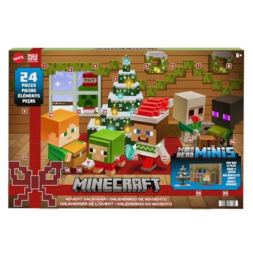 MINECRAFT Mob Heads Adventskalender - 24 Überraschungen mit Steve, Mobs und Zubehör im verpixelten Look des Videospiels, ausstanzbarer Verpackungsteile, für Fans ab 6 Jahren, HND33 von Mattel