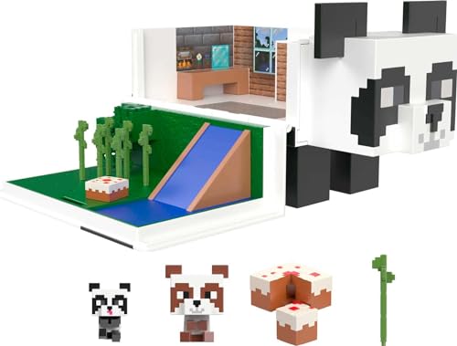 MINECRAFT Mob Head Minis Panda Spielhaus Spielset - 2-etagiges Haus, 2 Panda-Figuren, Wasserrutsche, Bambusgarten, Geburtstagsparty, für Kinder ab 6 Jahren, HLL25 von Mattel
