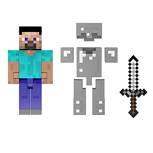 MINECRAFT Diamond Level Steve Figur - 14cm, beweglich, gusseiserne Rüstung, Schwert, Block, für Erwachsene, HLL30 von Mattel