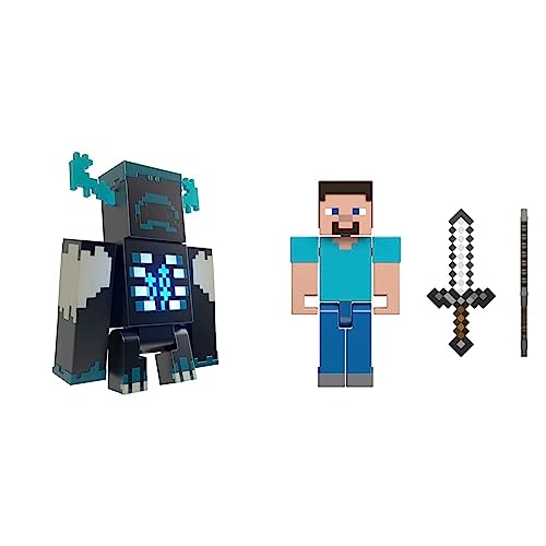 Minecraft Wärter Figur - Actionfigur mit Lichtern, Geräuschen und Angriffsmodus & Minecraft Steve - Sammelfigur mit beweglichen Gelenken und Zubehörteil für Endportal von Mattel Minecraft