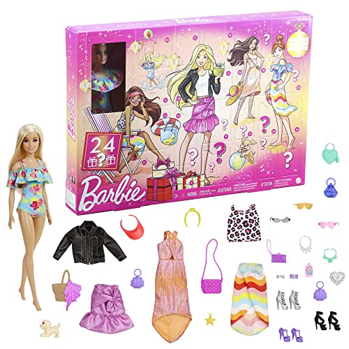 BARBIE Adventskalender mit einer Barbie Puppe (30,4cm), 24 Überraschungen, mit trendiger Kleidung und Accessoires für Tag und Nacht, im Weihnachtsstil für Kinder von 3 bis 7 Jahre, GXD64 von Barbie