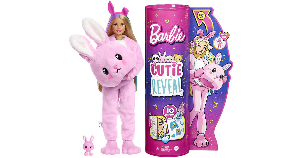 Barbie Cutie Reveal Puppe mit Hasen-Plüschkostüm und 10 Überraschungen mehrfarbig Modell 2 von Mattel