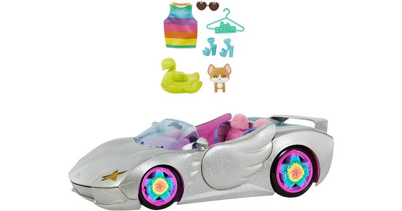 Barbie Extra Auto Cabrio (glitzert) mit Regenbogen Reifen, Zubehör mehrfarbig von Mattel