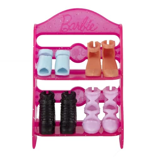 Barbie Puppenschuh Pack - GVY23 ~ Enthält 4 Paar Puppenschuhe mit Shoerack - Blau, Orange und Lila Heels mit schwarzen Stiefeln von Mattel