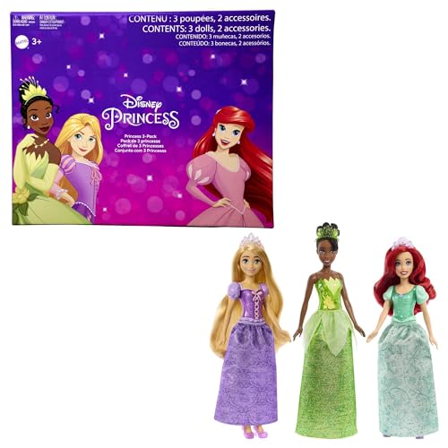DISNEY Prinzessin 3er-Pack - Tiana, Rapunzel und Arielle mit Accessoires, abnehmbarem Diadem und Schuhe, lange Haare zum Kämmen und Stylen, für Kinder ab 3 Jahren, HLW45 von Mattel