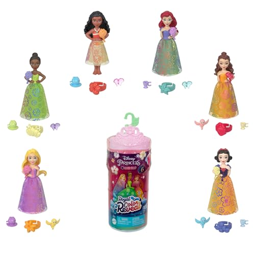 Mattel Disney Prinzessin Royal Color Reveal, kleine Puppe mit 6 Überraschungen, einschließlich duftendem Ring und 4 Zubehörteilen (Puppen können variieren), Gartenparty-Serie HRN63 von Mattel