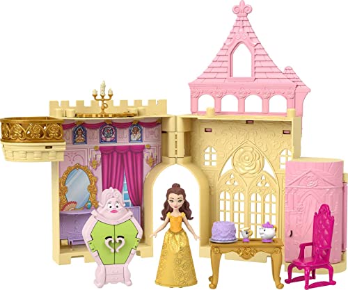 Mattel Disney Prinzessin-Spielzeug, Belles Stapelschloss Puppenhaus-Spielset mit kleiner Puppe und 9 Teilen, inspiriert von dem Disney-Film, Reisespielzeug und Geschenke für Kinder, JDP54 von Mattel