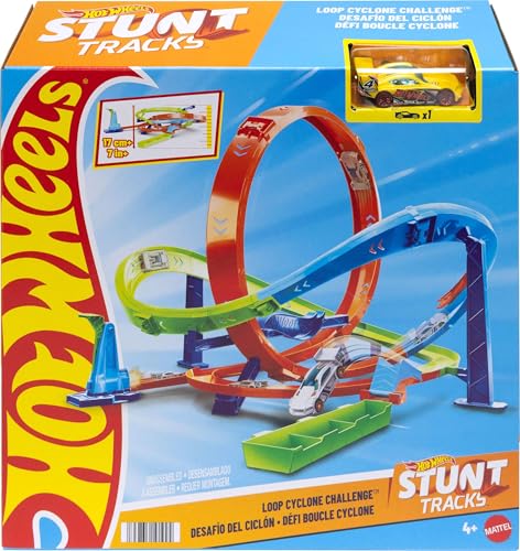 Hot Wheels Spielzeugauto-Trackset, Action-Trackset Looping-Zyklon-Challenge, 2 Spielmöglichkeiten und einfache Aufbewahrung, mit Spielzeugauto im Maßstab 1:64, HTK16 von Hot Wheels