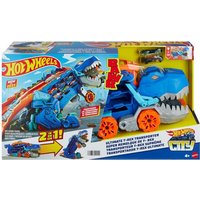 Der Hot Wheels City Ultimative Transporter verwandelt sich in einen T-Rex mit Rennstrecke, Aufbewahrung von mehr als 20 Autos von Mattel GmbH