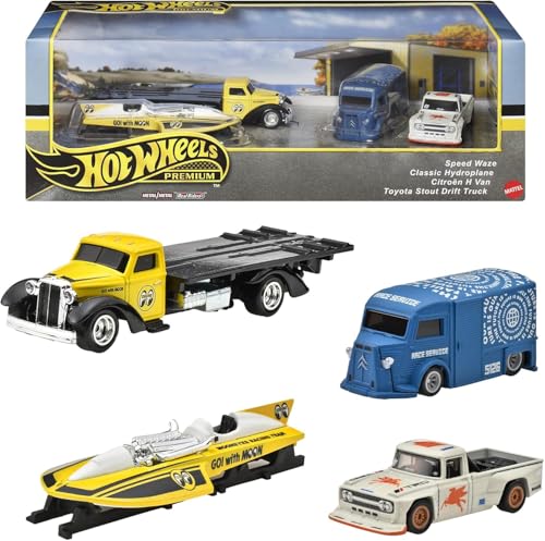 Hot Wheels Premium Collector Set, 4 Die-Cast Vehicles, Speed Waze, Classic Hydroplane, Citroen H Van, Toyota Stout Drift Truck von Mattel
