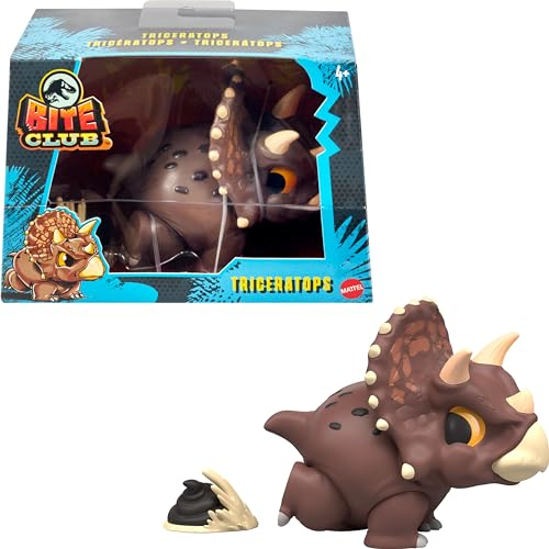 Mattel ​Jurassic World Bite Club Sammelfigur, Triceratops Chubby stilisierter Dinosaurier, ca. 10,2 cm Figur mit Zubehör​, HVB39, Mehrfarbig von Mattel