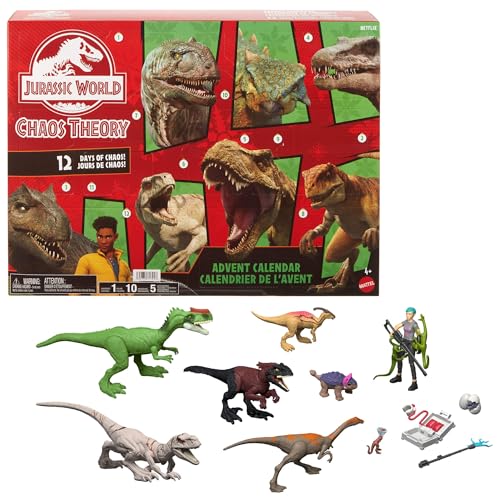 Jurassic World Chaostheorie Exklusiver Adventskalender mit 12 Türchen, 12 Tage voller Überraschungen, Smoothie und 8 weitere Dinosaurier-Figuren, Brooklynn-Figur, JGM17 von Mattel