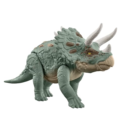 Mattel Jurassic World Gigantic Trackers Triceratops Dinosaurier-Actionfigur, große Spezies, Kopfstoßangriff, weiterentwickelte Horn-Funktion, Digitales Spiel HTK79 von Mattel