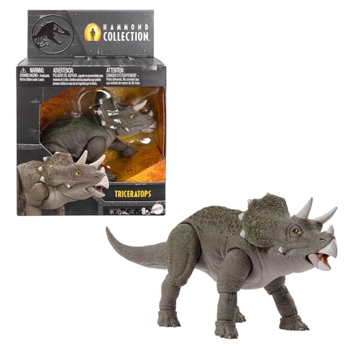 Mattel Jurassic World Hammond Collection Dinosaurier Actionfigur-Spielzeug, junger Triceratops Premium-Filmdesign mit Glasaugen und 14 Bewegungspunkten, JDJ07, [Mehrfarbig] von Mattel