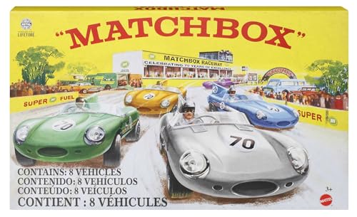 MATCHBOX Premium Die-Cast Set - 8 Sammler-Fahrzeuge mit True-Grip-Reifen, beweglichen Teilen und platinfarbener Lackierung und Jubiläumsbox, HPC03 von Matchbox