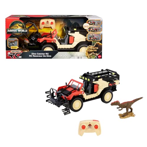 Mattel Jurassic World: Die Wiedergeburt Matchbox RC Spielzeug-Truck, ferngesteuertes batteriebetriebenes Fahrzeug mit Dinosaurierfigur, ferngesteuerter Dinofänger und Käfig für den Transport, JHB67 von Mattel