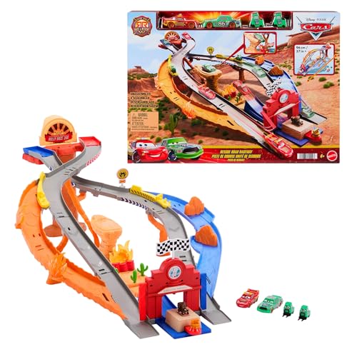 Mattel Disney Pixar Cars Spielset, Lightning McQueen, Chicks Hicks und 2 Boxencrew-Fahrzeuge, 2 Rennmöglichkeiten, Rennen & Retten Rettungsweg-Rennstrecke, JFL57 Mattel Disney Pixar Cars Spielset, Lightning McQueen, Chicks Hicks und 2 Boxencrew-Fahrzeuge, 2 Rennmöglichkeiten, Rennen & Retten Rettungsweg-Rennstrecke, JFL57 von Mattel