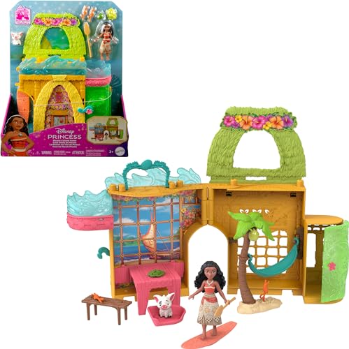 Mattel Disney Princess Inselhütte + Vaiana Puppe Set mit Puppenhaus, Kleiner Puppe, 2 Tierfiguren und 8 Spielelementen, inspiriert von Disney Film, HWW97 von Mattel
