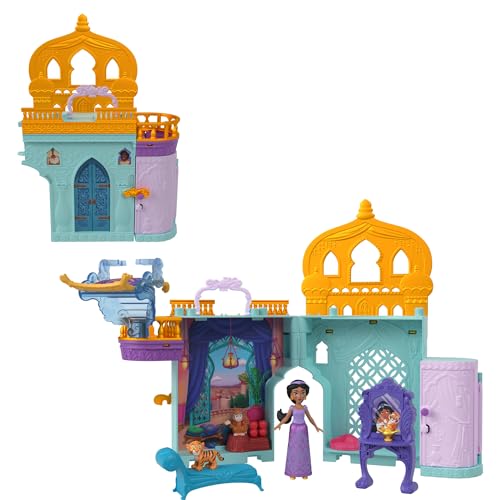 Mattel Disney Prinzessin-Spielzeug, Jasmins Stapelschloss Puppenhaus-Spielset mit kleiner Puppe, 2 Freunden und 7 Teilen, inspiriert vom Disney-Film, Reisespielzeug und Geschenke für Kinder, HLW93 von Mattel