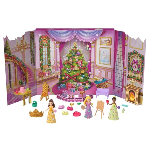 Mattel Disney Princess-Puppe Adventskalender mit 24 Tagen voller Überraschungen, enthält 3 kleine Puppen, 3 Freunde, 6 Moden und 16 von den Filmen inspirierte Zubehörteile, JFG79 von Mattel