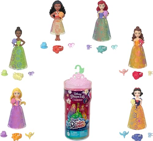 Mattel Disney Princess Toys, Kleine Puppe Royal Color Reveal mit 6 Überraschungen inklusive Duftring und 4 Zubehörteilen, Gartenparty-Serie (Puppen können variieren) von Mattel