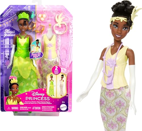 Mattel Disney Princess Toys, Tiana Modepuppe mit 2 Looks, 9 Accessoires, 2 aufsteckbaren Miedern & 2 Röcken, 2-in-1-Geschichten inspiriert vom Disney-Film von Disney Princess