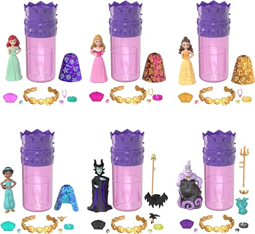 Mattel Disney Princess Toys, kleine Puppen-Überraschung, königliche Farbenthüllung, 6 Überraschungen inklusive Puppe, Armband und 4 Teile, Prinzessinnen- oder Bösewicht-Serie (Puppen können variieren) von Mattel